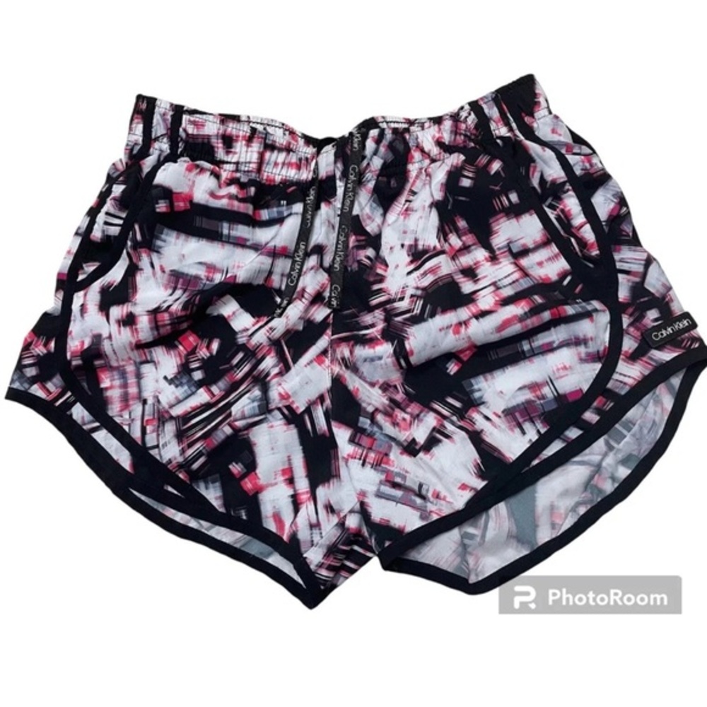 Calvin Klein Black and Pink Athletic Shorts with Abstract Design Small